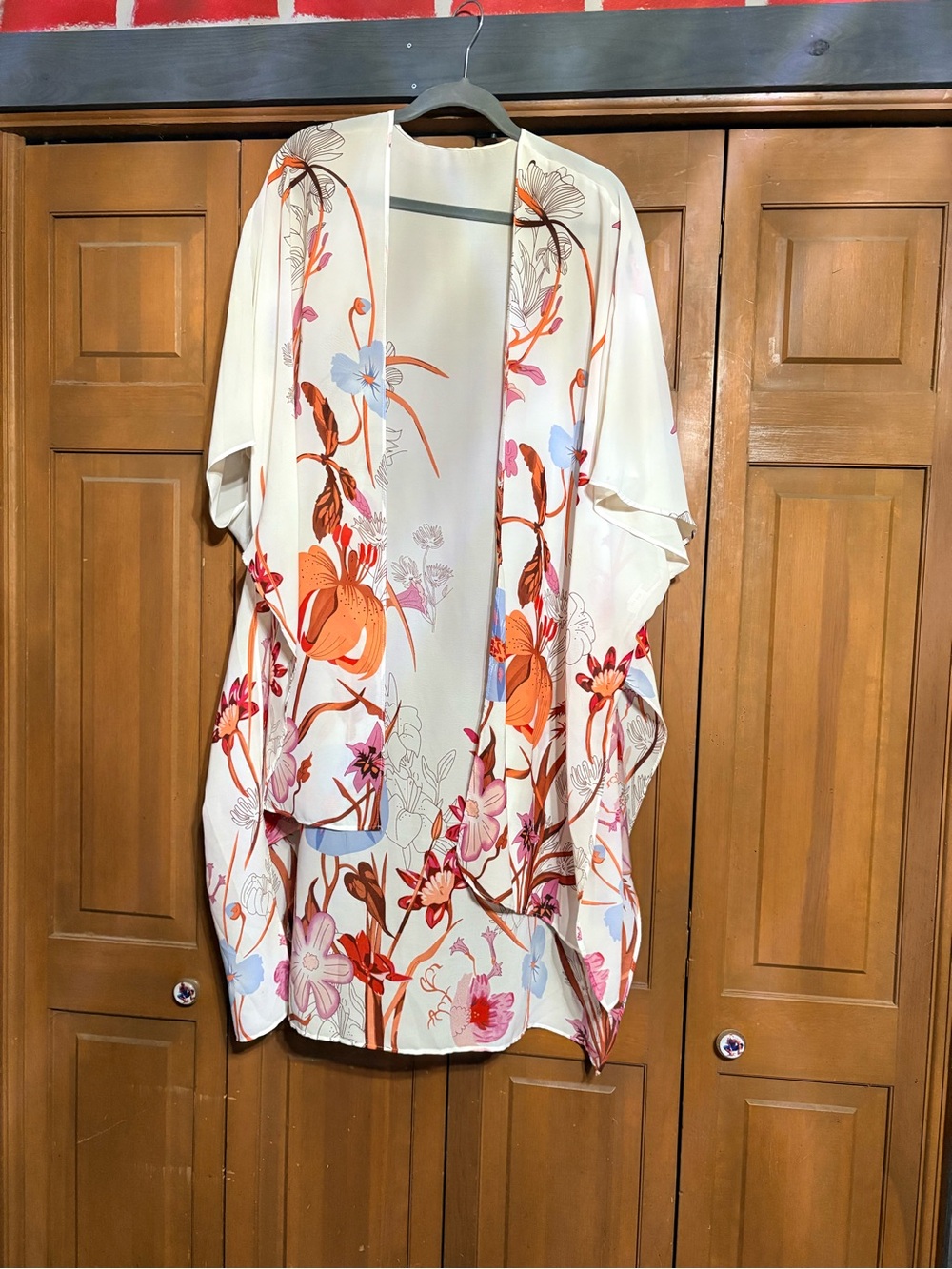 Floral Print Open-Front Kimono Cardigan - Cream with Orange & Pink